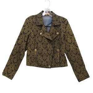 Ellen Tracy Damask‎ Print Denim Jacket Stretch Gold Button Front Blazer Sz S
